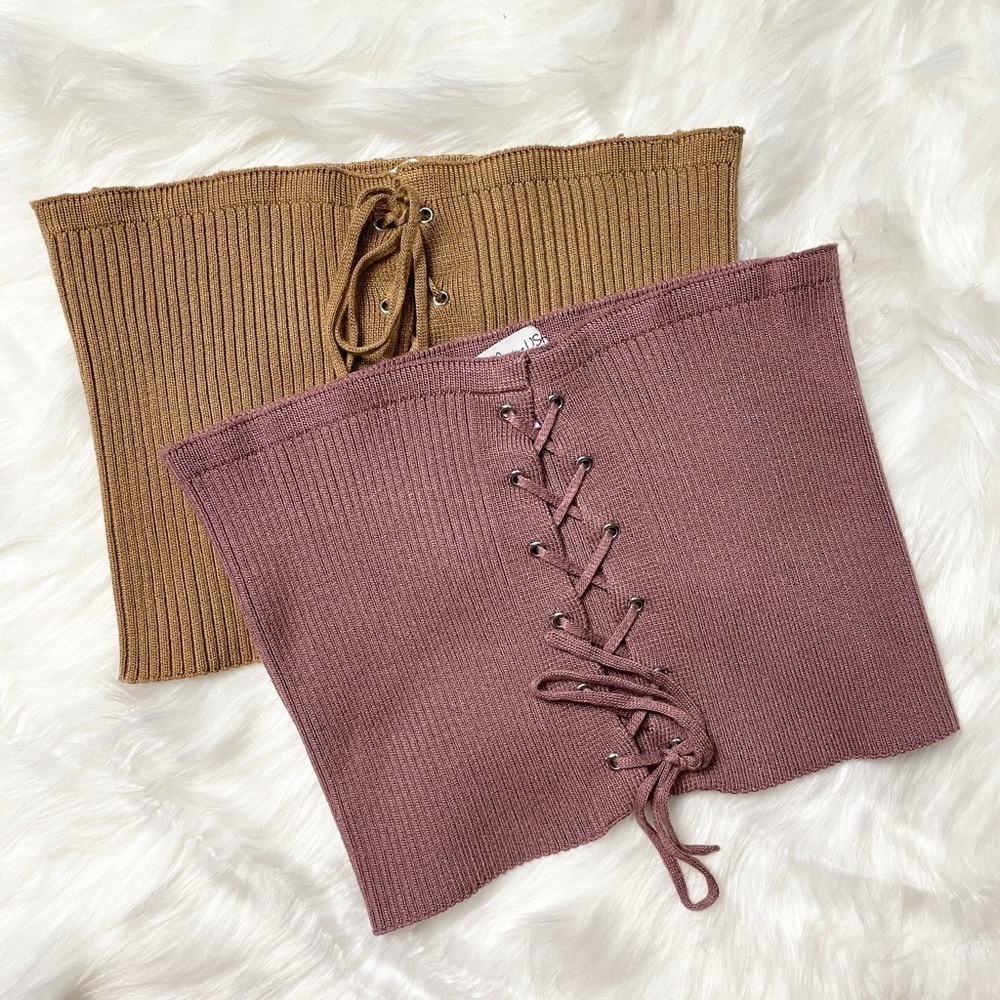 2 Pack Active USA Shirt Tube Crop Top Knit Lace Up Bandeau Adjustable Size L